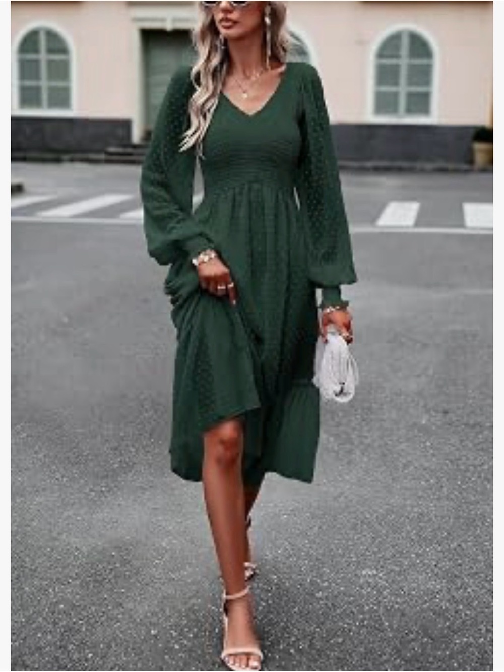 Smocked Waist V-Neck Long Sleeve Midi Dress in Dark Green